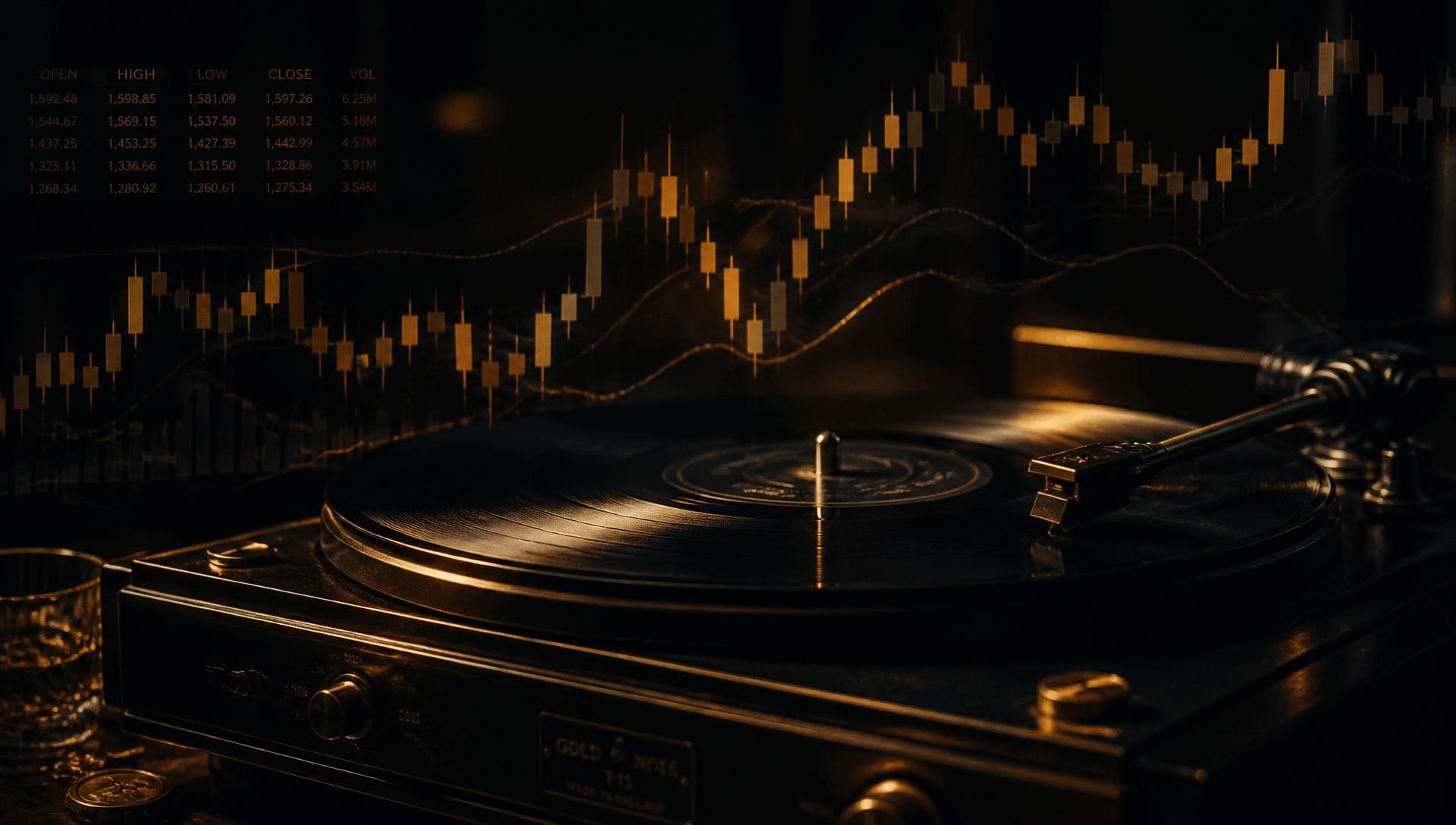 Vinyl record player lit in gold with market charts overlaid